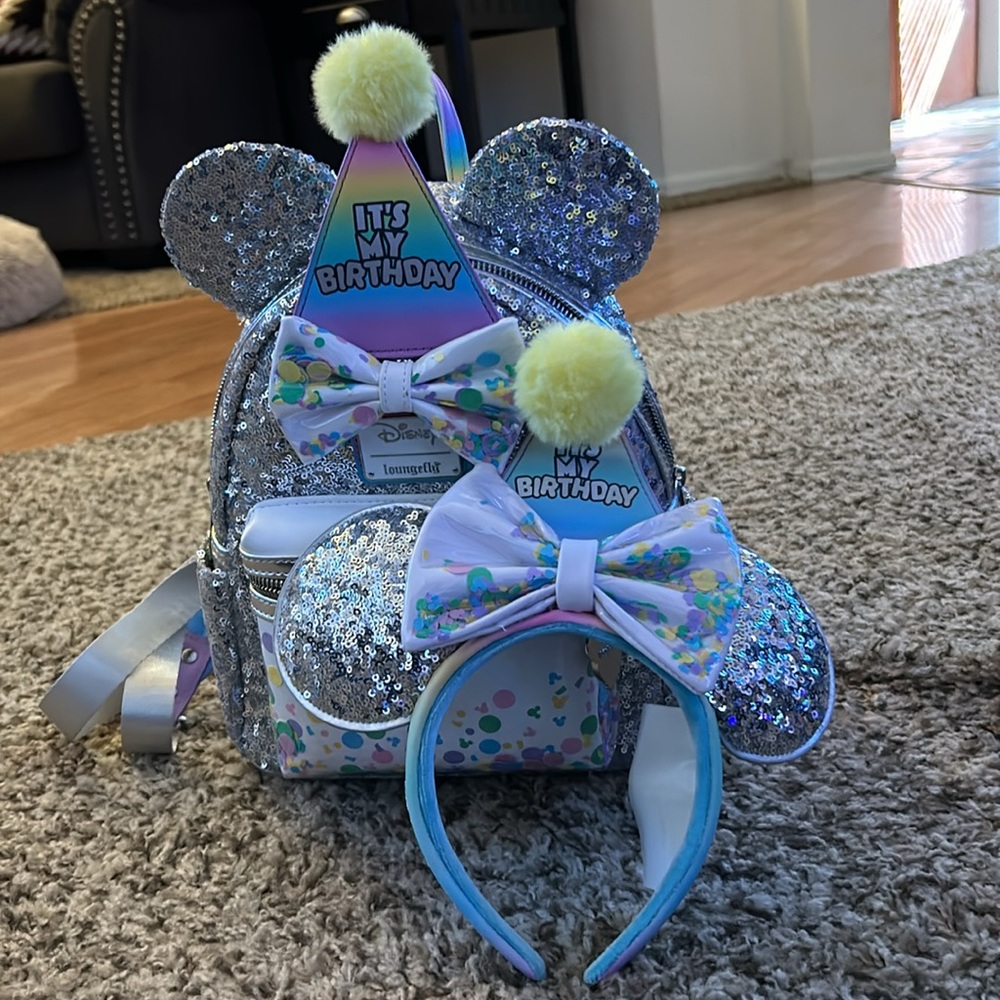 Disney Loungefly Mickey & Friends Birthday Celebration Mini Backpack & Ears